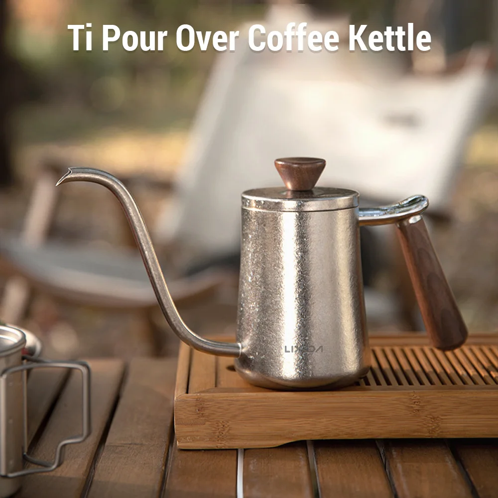 Ti Pour Over Coffee Kettle معقوفة إبريق قهوة مع مقبض خشبي للتخييم في الهواء الطلق صب إبريق قهوة Ti غلاية قهوة #1