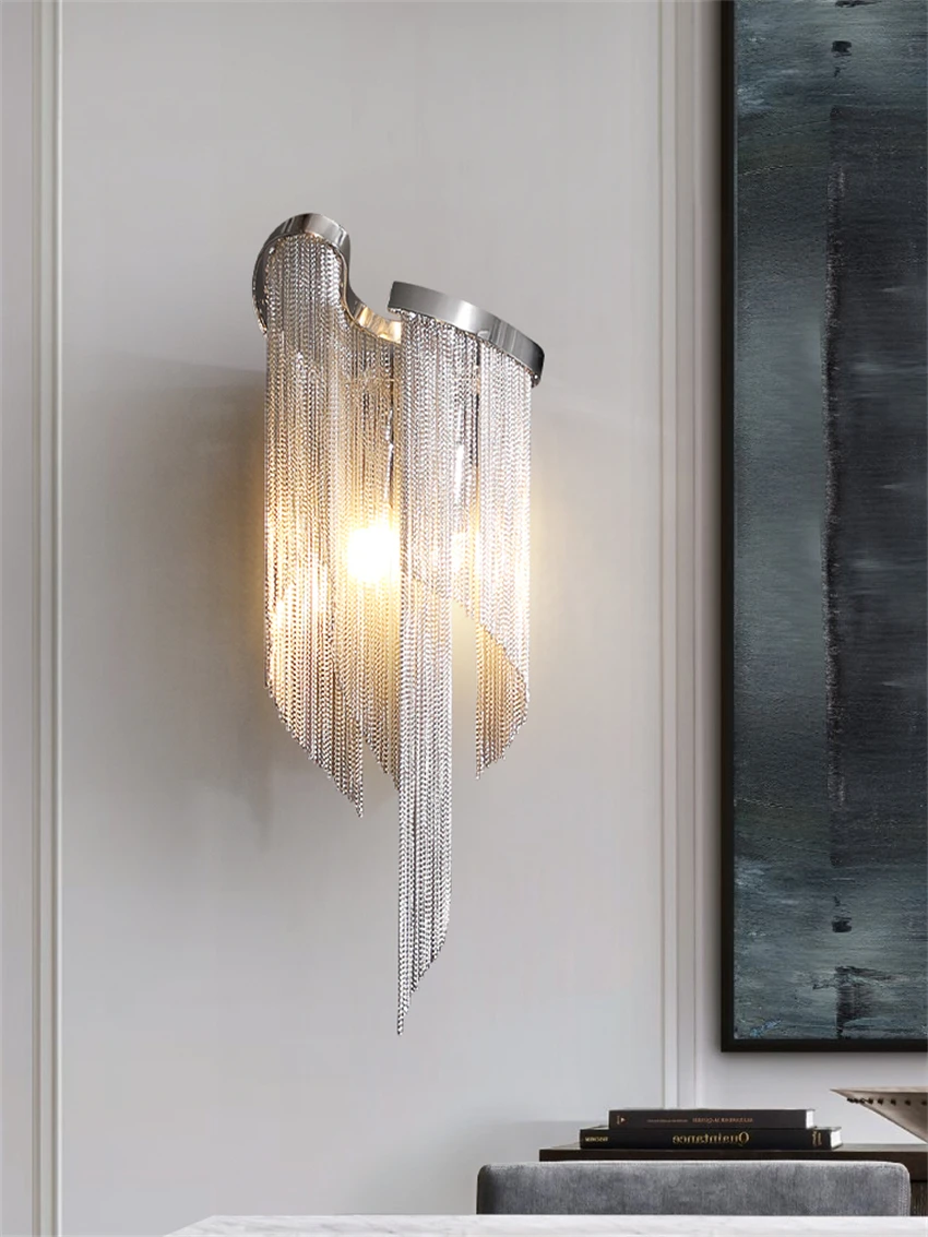 Nordic silver chain fringed wall lamps modern luxury bedroom study living room designer sconces lights decor lighting fixtures