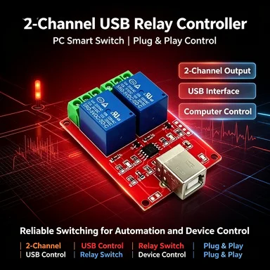 USB 2-Ch Relay Board with PC Control, Smart Computer Switch Module, Driver Free