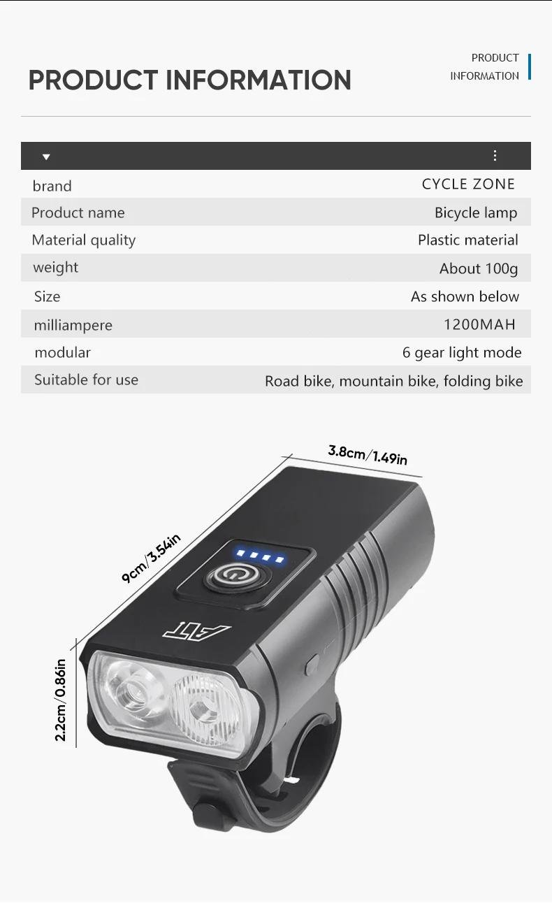 Bicycle Light T6 LED Bike Front Lamp 6 Modes Cycling Lantern Type-C Rechargeable MTB Bike Headlight Flashlight for Night Riding
