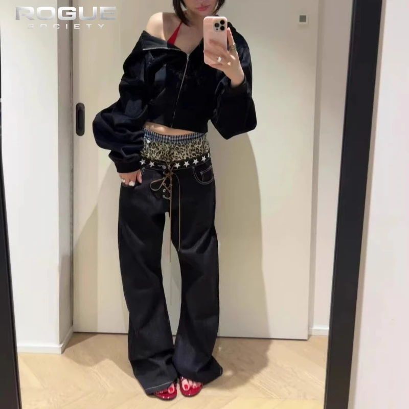 New Gothic Streetwear Denim Pants Harajuku Loose Embellished Star Up Lace Unisex Jeans Waistband Double Leopard Punk Y2K Clothes