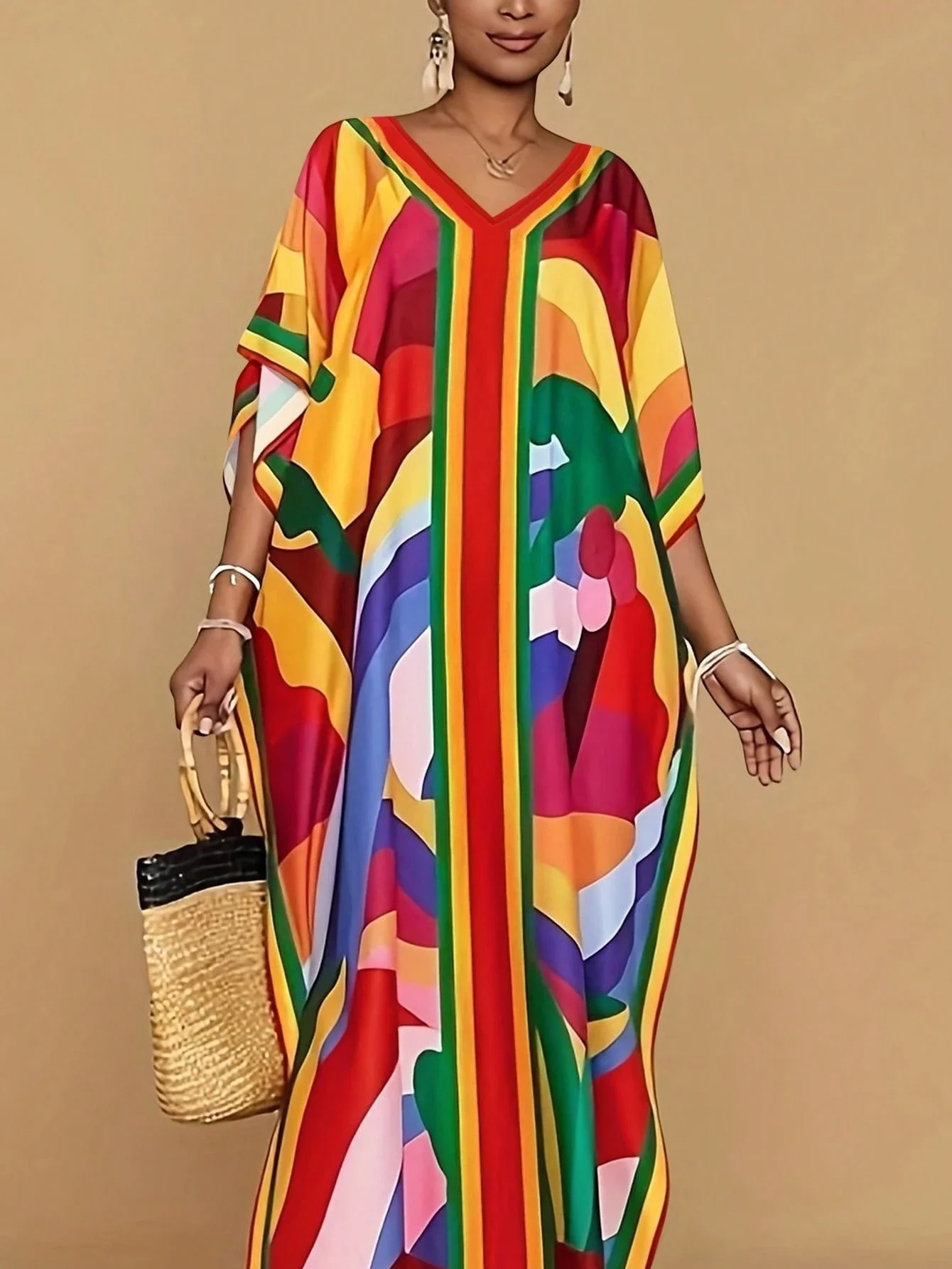 

Женское повседневное макси-платье больших размеров с V-образным вырезом, короткими рукавами и принтом