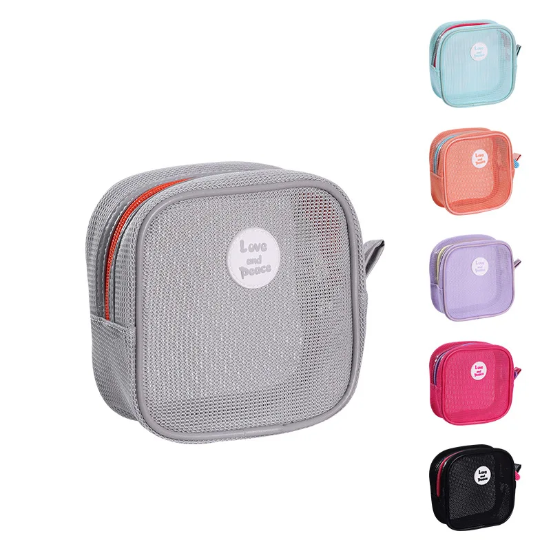 Visable Mesh Square Cosmetic Bags Candy Color Makeup Case Bag Portable Toiletry Earphone Cosmetic Coin Money Pouch Storage Bag I