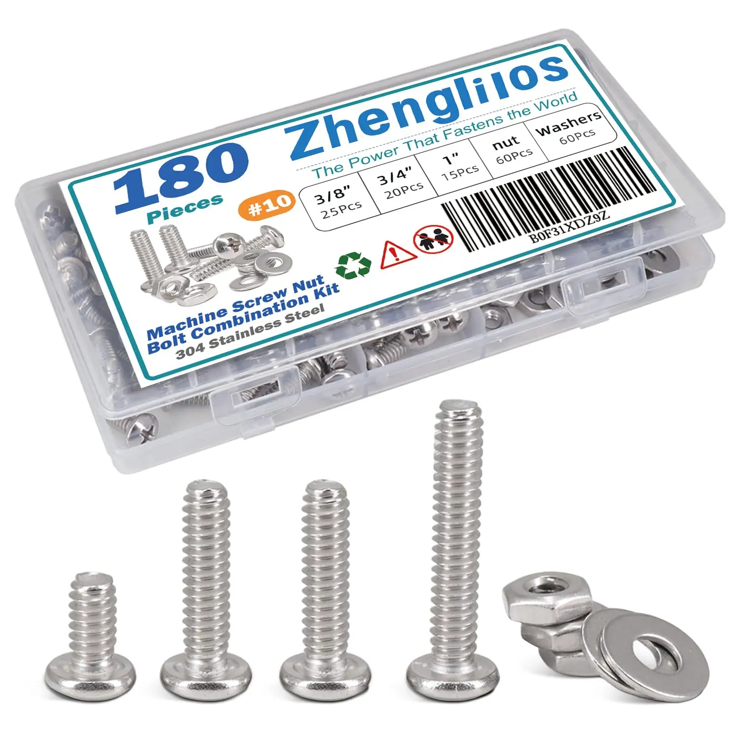 

180 PCS #10 Machine Screw Bolt Combination Kit with Lock Washers and Flat Washers, 304 Stainless Steel Phillips Round Head