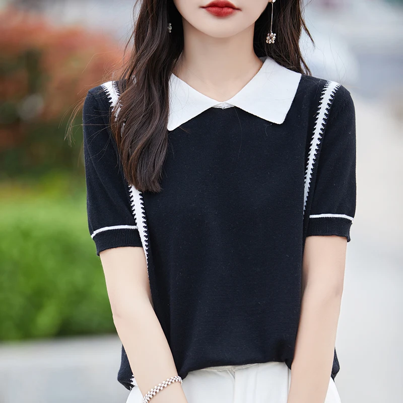 Women\'s T-shirt 100% Cotton Sweater Short Sleeve Fashion Turn-down Collar Ladies Tops Loose Blouse Spliced Pullover Tees