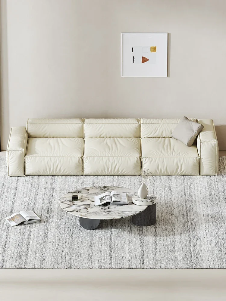 Full Leather First Layer Leather Sofa Living Room Modern Four-Seat Tofu Block Leather Sofa