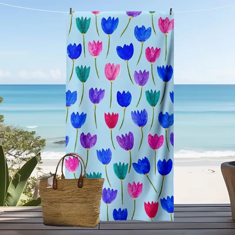 Watercolor Tulip Print Beach Towel Quick Dry Lightweight Absorbent Cute Colorful Floral Design Towel for Summer Vacation Pool