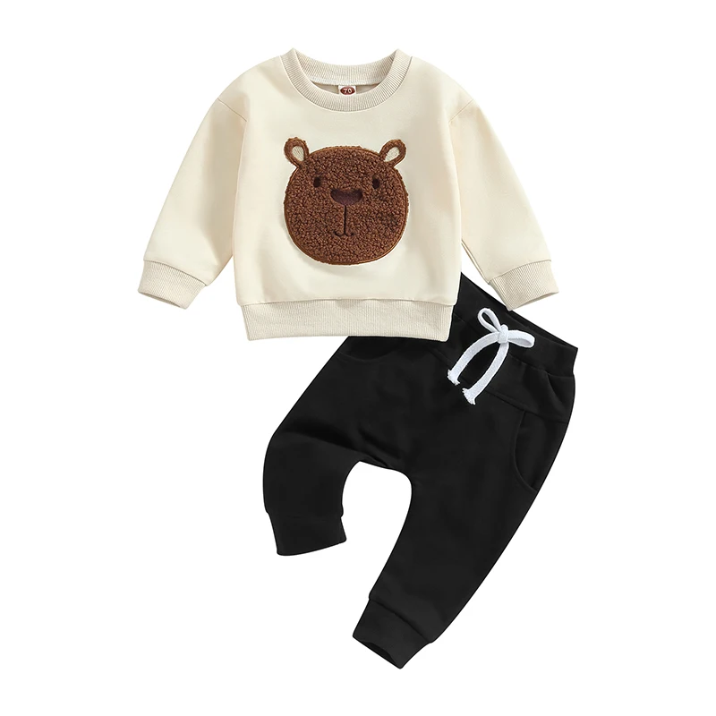 Tenues d'Automne à Manches sulfpour Bébé, Broderie d'Ours, Ensemble Pantalon à Poches, Vêtements Chauds pour Tout-petits, 2 Pièces