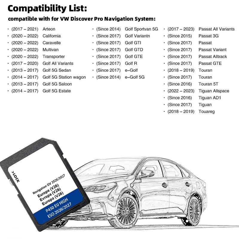 Original 2026-2027 EU Map for VW e-Golf Golf Passat Touran Tiguan Vehicle MIB1 MIB2 Discover Pro Media SD Navigation Map DV V26