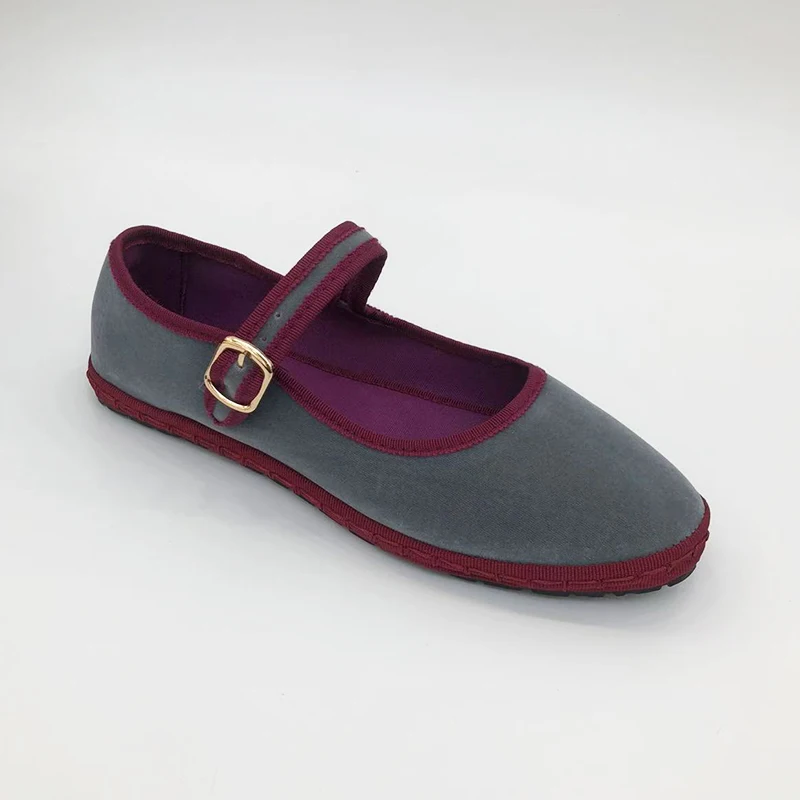 Gray Mary Jeans Flats Shoes Women Round Toe Hand Stitch Velvet Cloth Shoes Ladies Casual Soft Comfortable Ballet Shoes Loafers