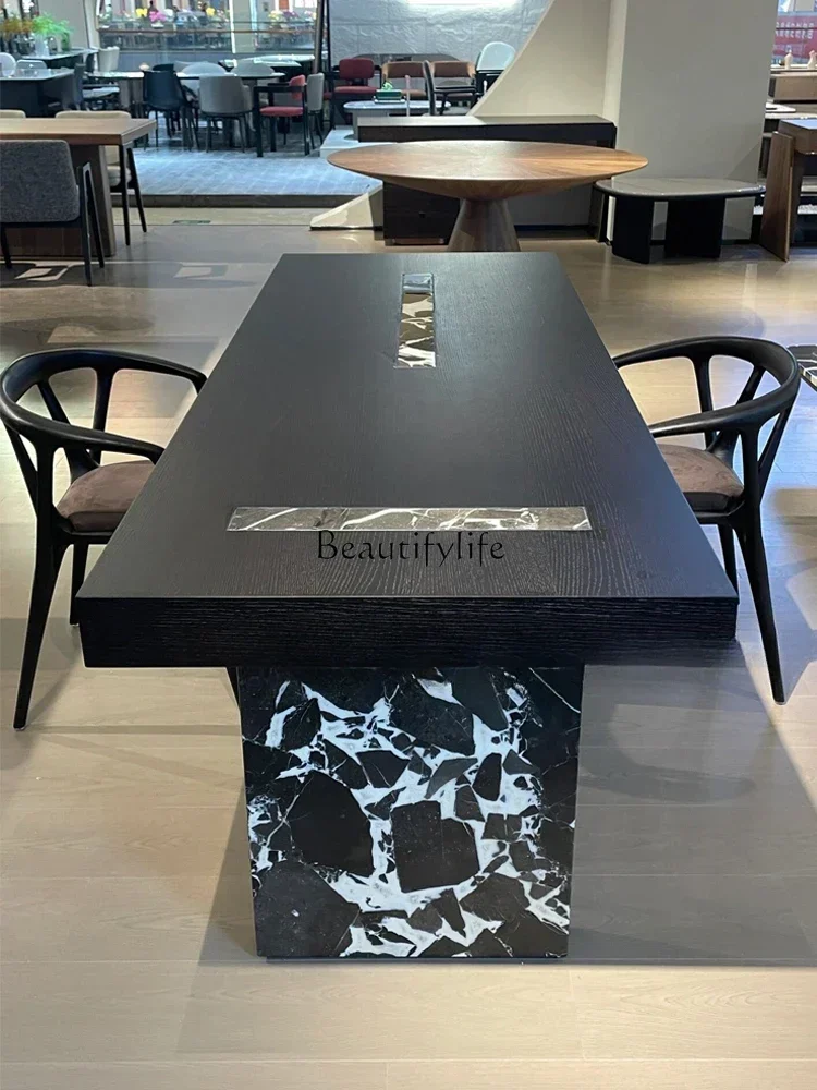 

Italian minimalist black and white flower marble solid wood dining table modern minimalist dining table