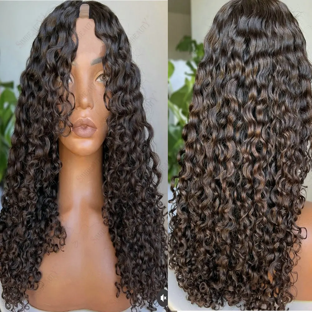 Kinky Curly Dunkelbraune Highlights 100% Remy Echthaar 1x4 Größe U-Part Perücken für Schwarze Frauen, Klebefreie Clip-in U-Part Perücken, Natürlich – Detail 1
