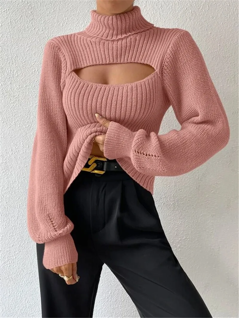 Suéter de otoño e invierno para mujer, suéter Sexy holgado y versátil con cuello alto y fugas de pecho hueco