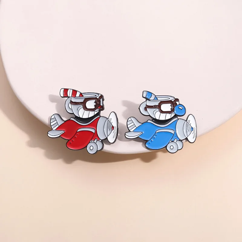 Fantasy Game Character Brooch Cute Cuphead By Plane Travelling Badge Enamel Lapel Pin Backpack Collar Accessory Jewelry Cosplay