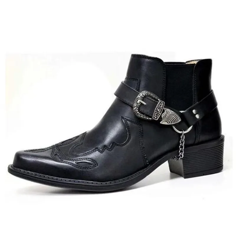 Neue Mode 2026 Herren Vintage Cowboy-Stiefel Leder High-Top Kettenschnallen-Riemen Punk-Schuhe Spitze Biker-Knöchelstiefel für Männer
