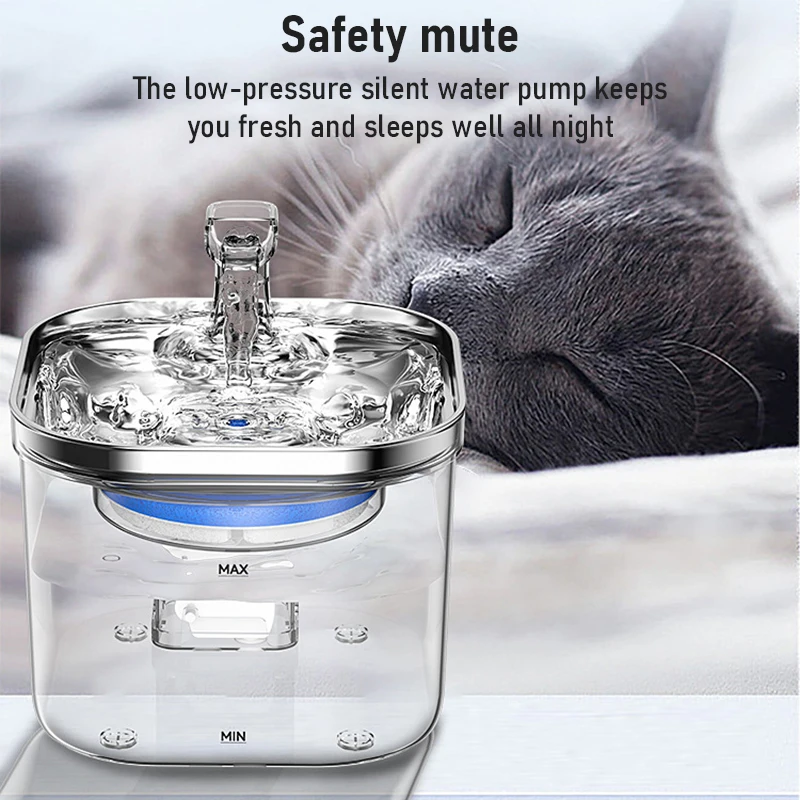 Stainless Steel and PP Transparent Automatic Pet Water Dispenser WF040 2L Capacity USB-Powered Silent Pump Cats Water Fountain