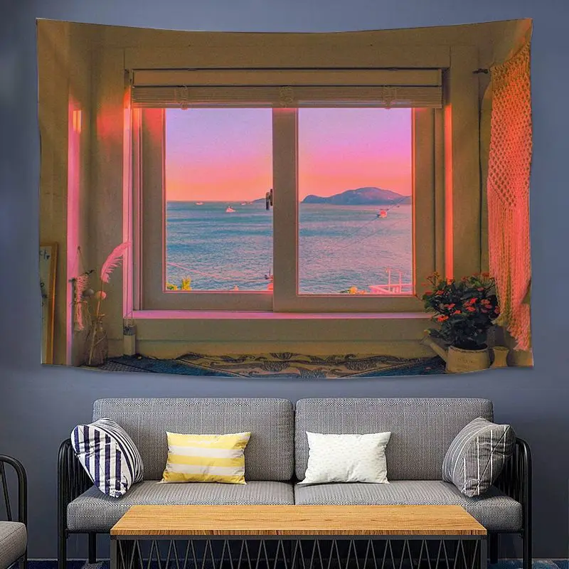 VIKAMA Ocean Sunset Window Tapestry Simulated Seascape Wall Hanging Atmospheric Living Room Polyester Backdrop Decor