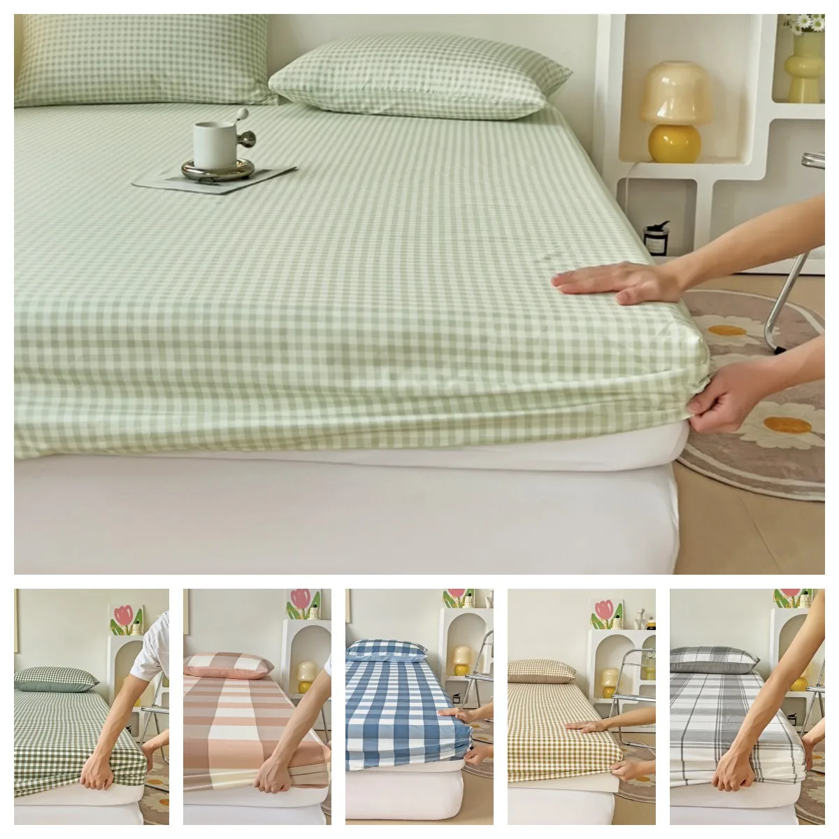 1PC Green Bed Sheet With Elastic Striped Fitted Sheet Skin-Friendly Brushed Bed Cover Queen/King Size постельное бельё набор