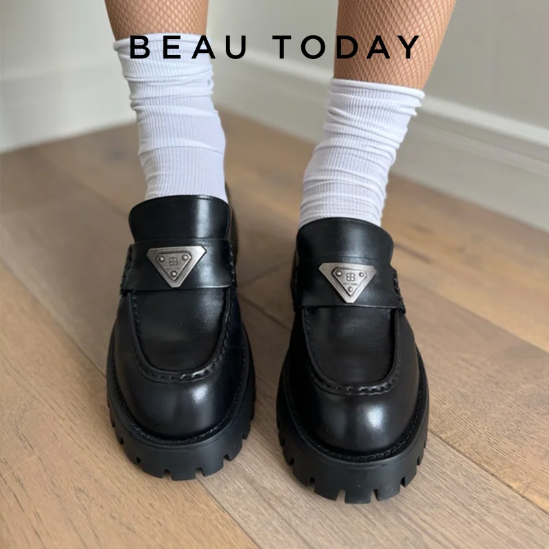 

BEAUTODAY Penny Loafers Women Genuine Cow Leather Round Toe Metal Design Thick Sole Slip-On Dress Shoes Handmade 26614