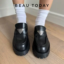 BEAUTODAY Penny Loafers Women Genuine Cow Leather Round Toe Metal Design Thick Sole Slip-On Dress Shoes Handmade 26614