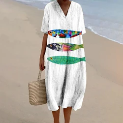 Summer Beach New Linen Long Dress Women Luxury Brand Loose Plus Size Midi Dress Casual Printed Baggy Maxi Long Dresses