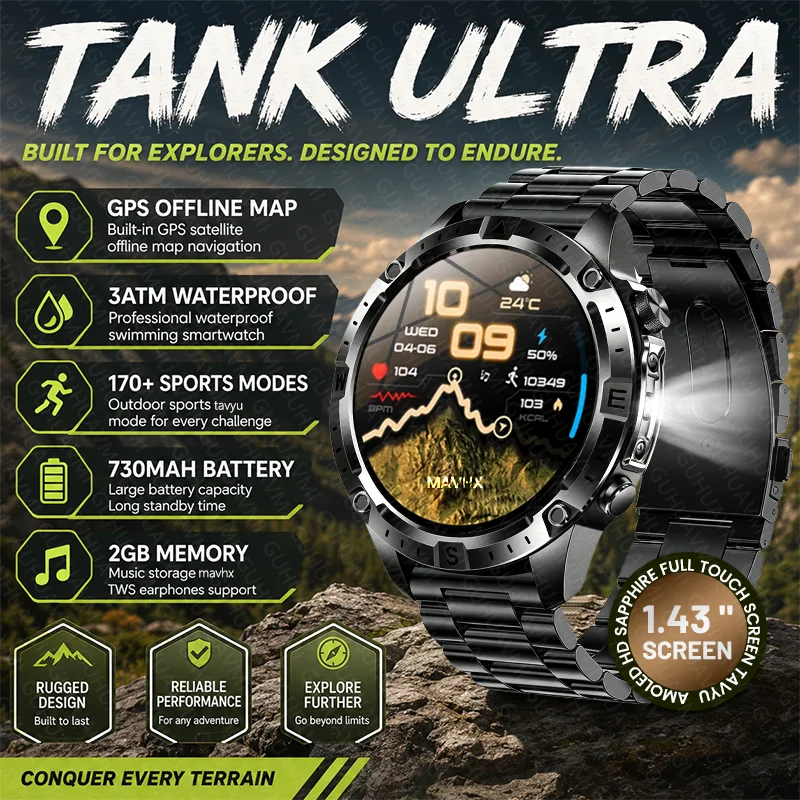 Nouvelle montre connectée militaire d'extérieur TANK Ultra avec GPS, boussole, étanchéité 3ATM, plus de 170 modes sportifs, appels Bluetooth, écran AMOLED pour hommes