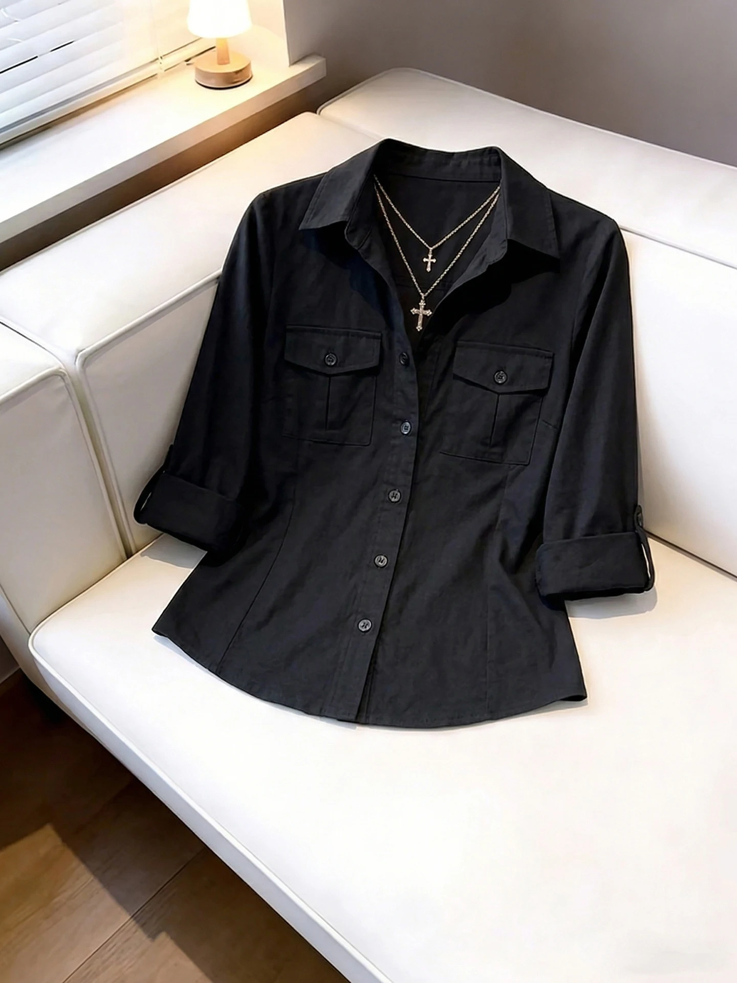 

Unique Fashionable Flip-Collar Shirt Single-Button Commute Versatile Design Summer Slimming Women's Korean Style Straight Cut