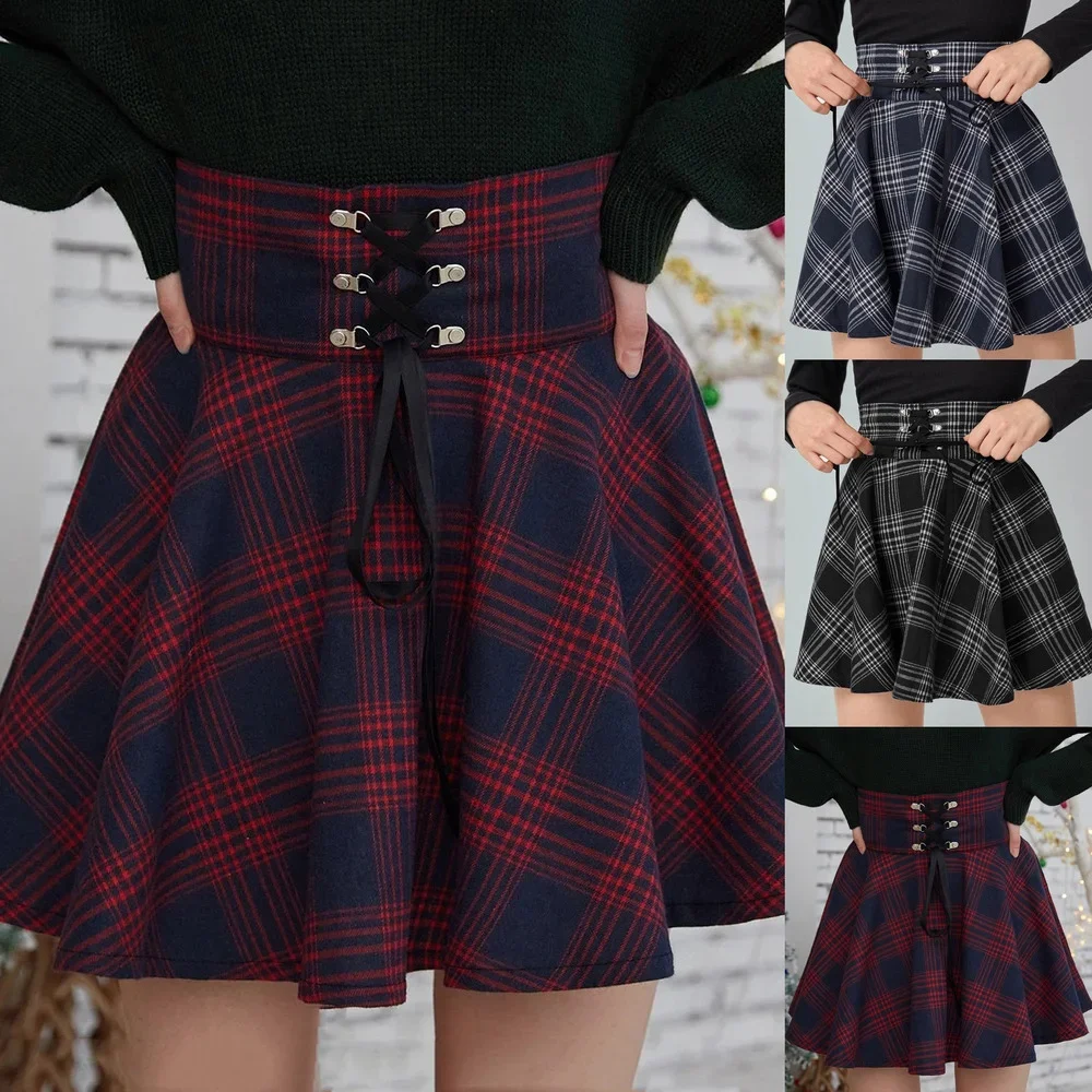 2022 Vintage Pleated Skirt Mini Skirts Retro Grunge Ladies Plaid Lace Up Skirt E Girl Punk Skater School Lolita High Waist Women