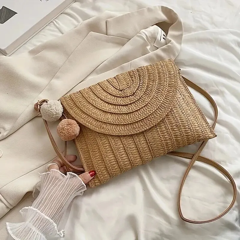 Handmade Straw Beach Shoulder Crossbody Bag Girls Envelope Woven Summer Small Hair Ball Cluth