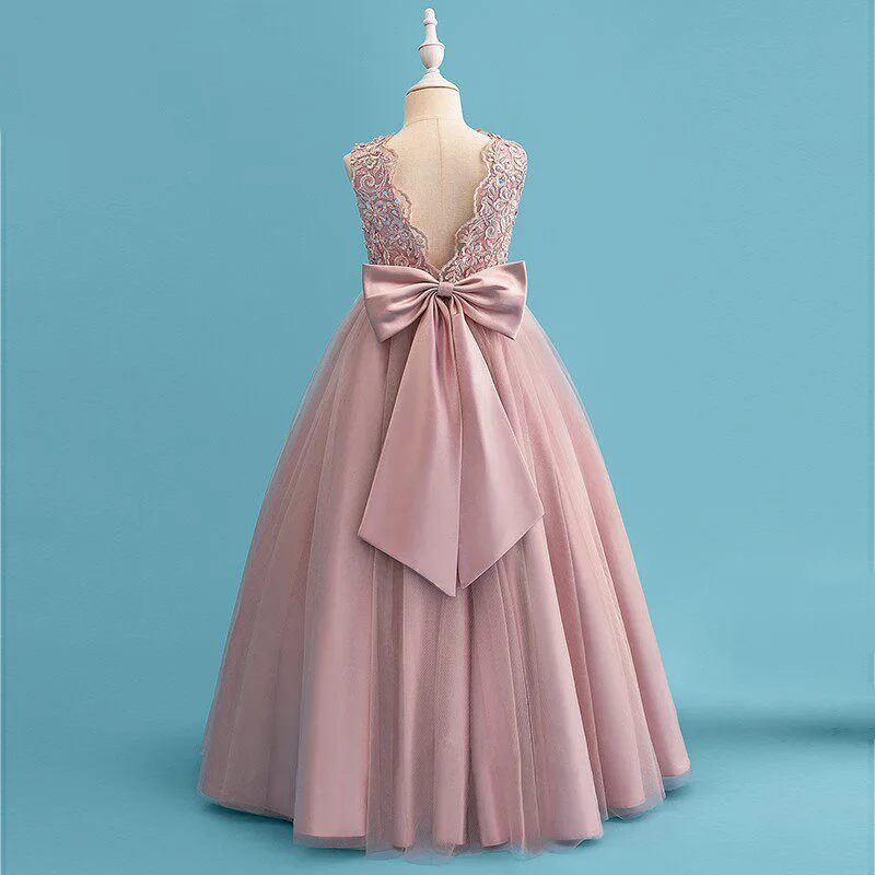 2026 New Girls Elegant Sleeveless Prom Dress Kids Lace Tulle Floor Length Gown for Birthday Wedding Flower Girl Piano Recital
