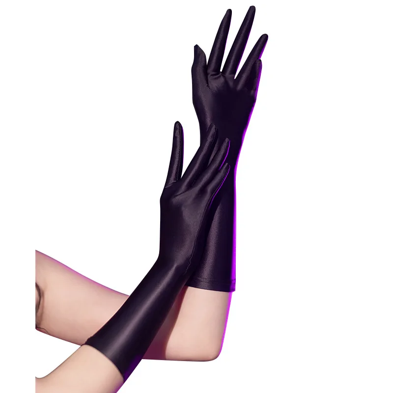 Women Sexy Five-Finger Gloves Ultra-Thin Silky Slippery Oil Shiny Glossy Black Cosplay Clothing Couple Masturbation Costumes