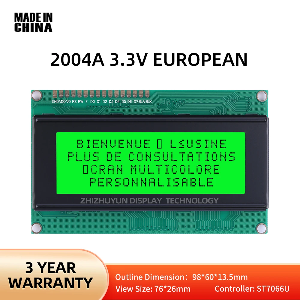 Módulo de caráter europeu LCD, luz verde, LCM Display, controlador ST7066U, módulo de interface 16PIN, 2004A, 3.3V