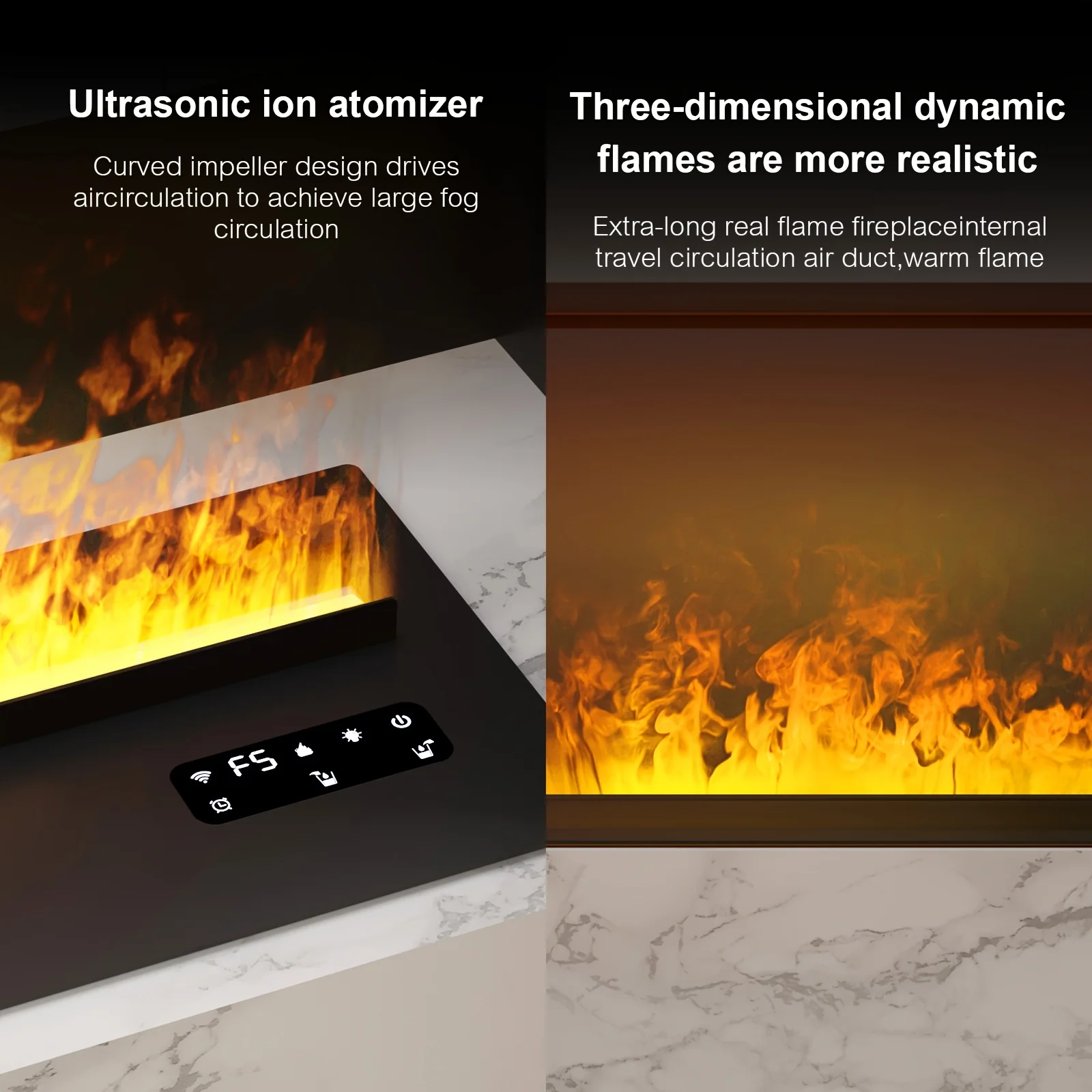 Smart 3D atomizing fireplace with nine-color adjustable LED real flame, featuring remote control/APP/LCD touch three-way control