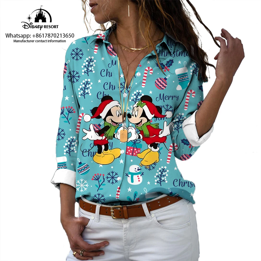 Camisa de manga larga con estampado de dibujos animados de Minnie para mujer, blusa informal con solapa, estilo Harajuku, 2024