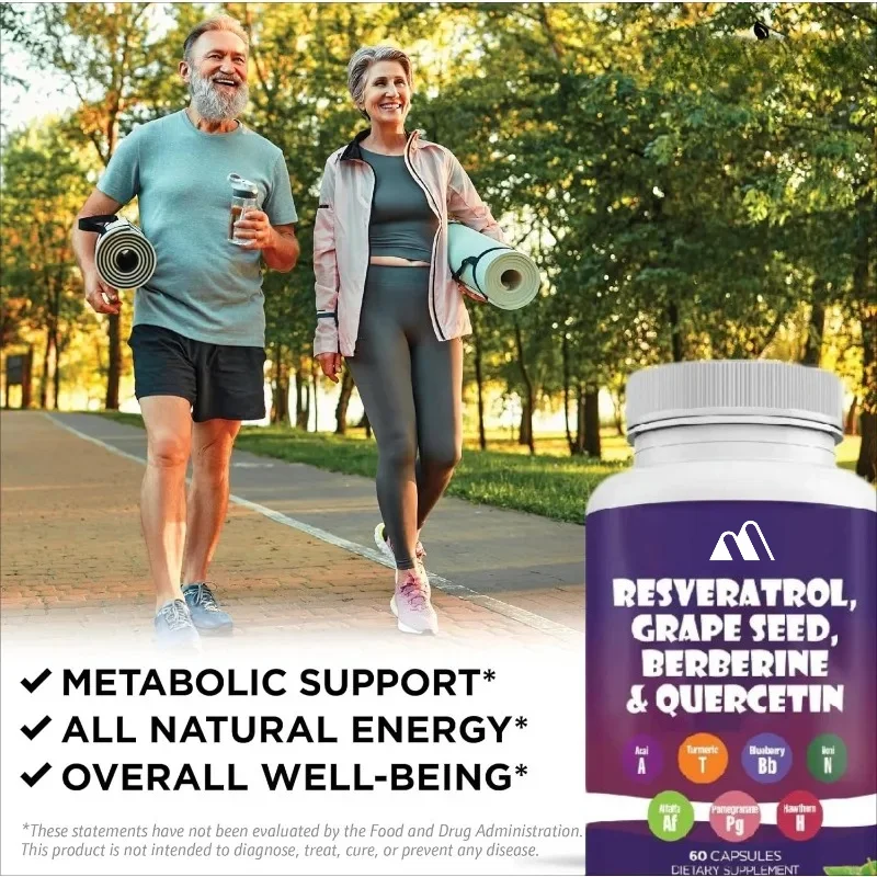 Resveratrol, Berberine, Grape Seed, Quercetin, N-acetylcysteine, Acai Berry Extract Polyphenols Supplement (60 Capsules)