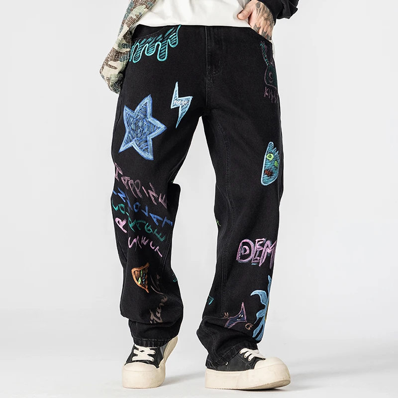

Men's American High Street Graffiti Print Fashion Hip Hop Loose Casual Denim Baggy Jeans Pants Cityboy Streetwear Jeans Trousers