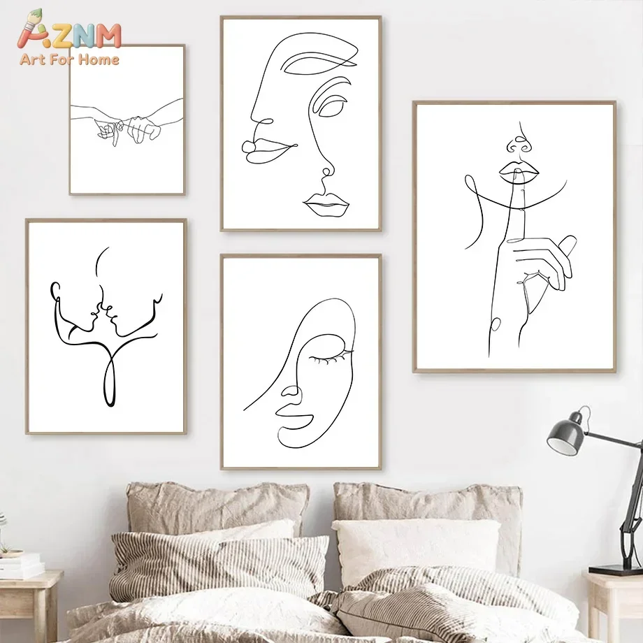 AZNM Abstract Couple Face Line Art Canvas Wall Art Minimalist One Line Drawing Print Unframed Canvas Painting Bedroom Decor