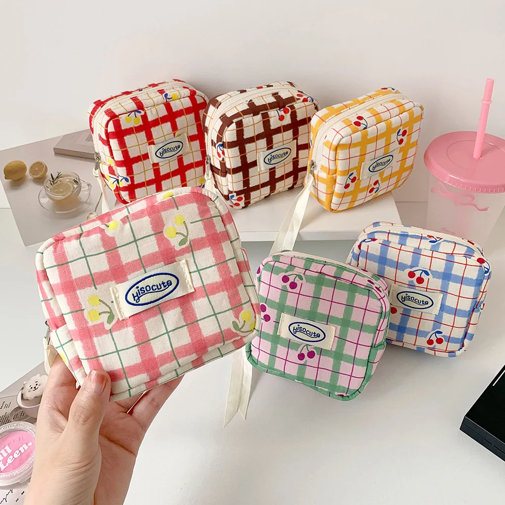 women's Makeup Bags Japanese Cherry Plaid Dopamine Sweet Kawaii Cute Cosmetic Bags Portable Multifunctional Storage Bag For Girl
