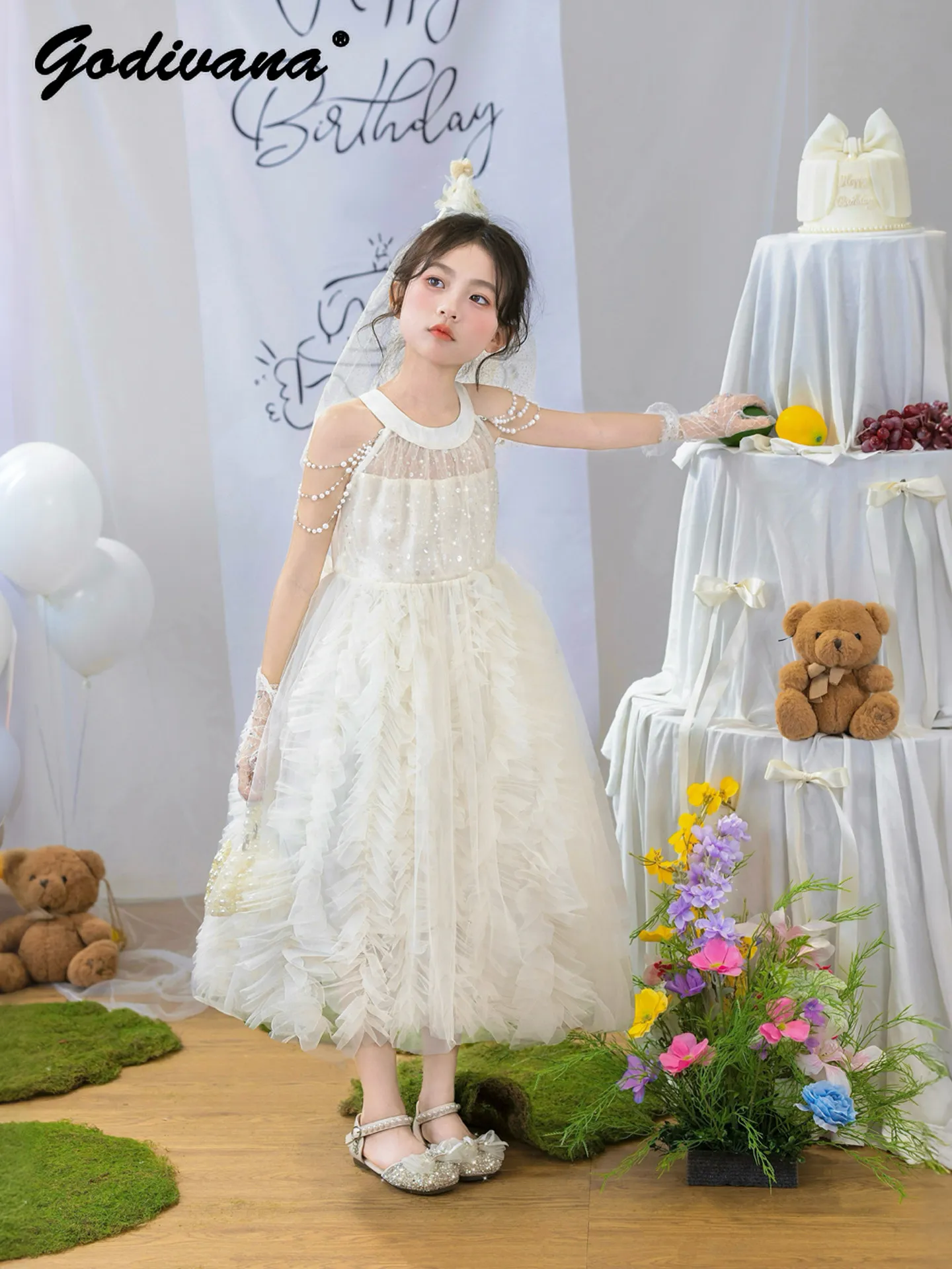 Sweet Baby Girls White Mesh Princess Maxi Dress New 2026 Summer Fashion Sleeveless Sequin Pearls Birthday Party Halter Dress