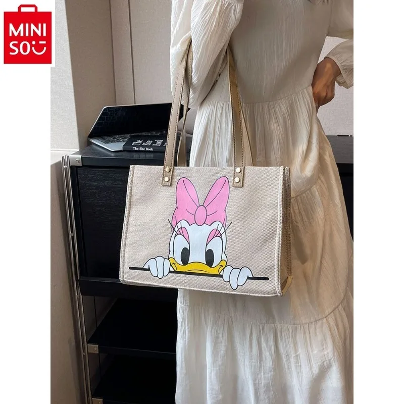 MINISO   Disney Cute Cartoon Anime Donald Duck Handbag Women\'s Fashion High Quality Canvas Large Capacity Tote Bag