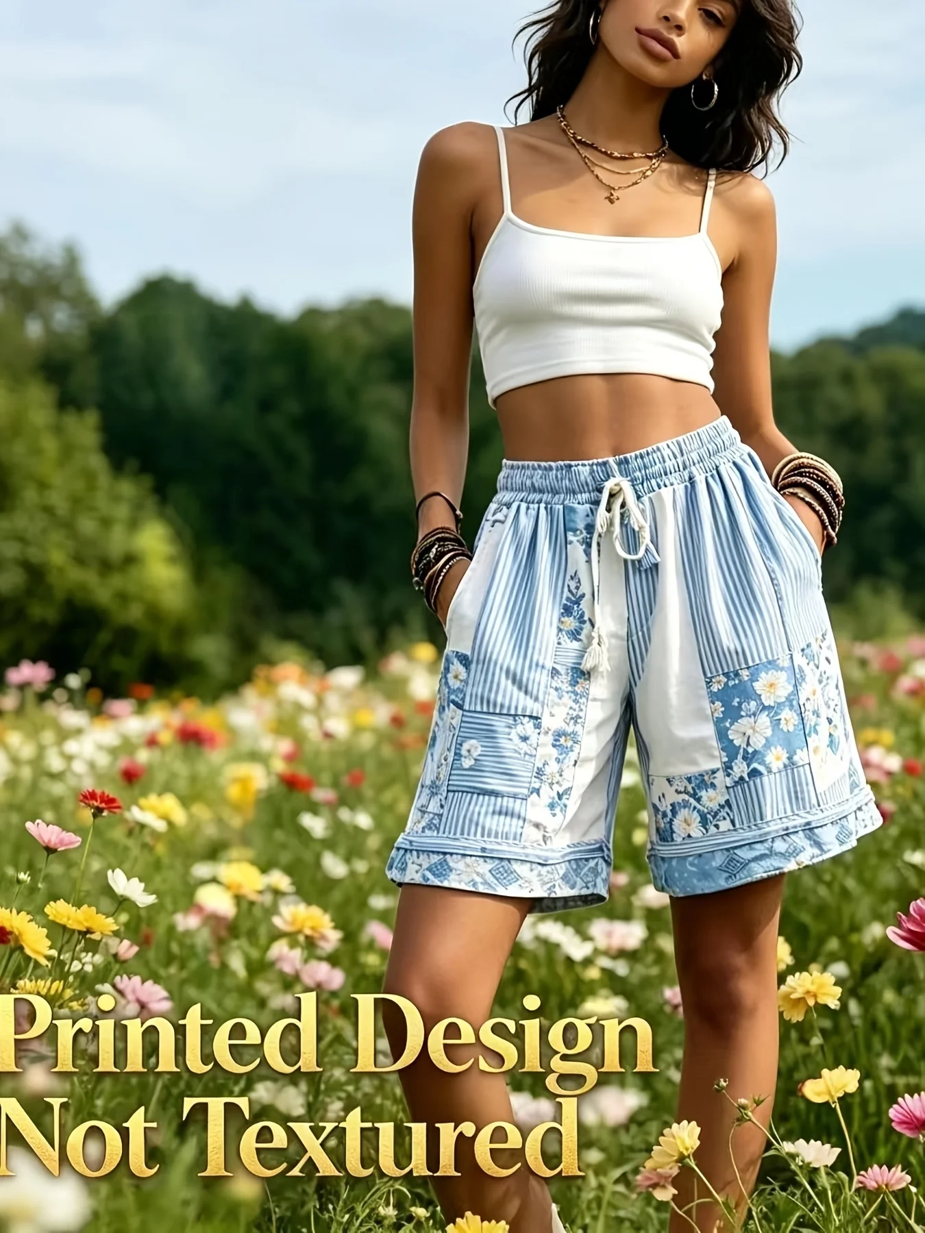Spring and Summer Vintage Printed Bohemian Style Women's Shorts/For Vacation/Getaway by the Sea/Relaxed and Casual Style/Breathable and Comfortable Fabric/For Prairie/Desert/Camping/Parties/Daily Wear/Parties/Casual Outings/Multi-Scenario Adaptable