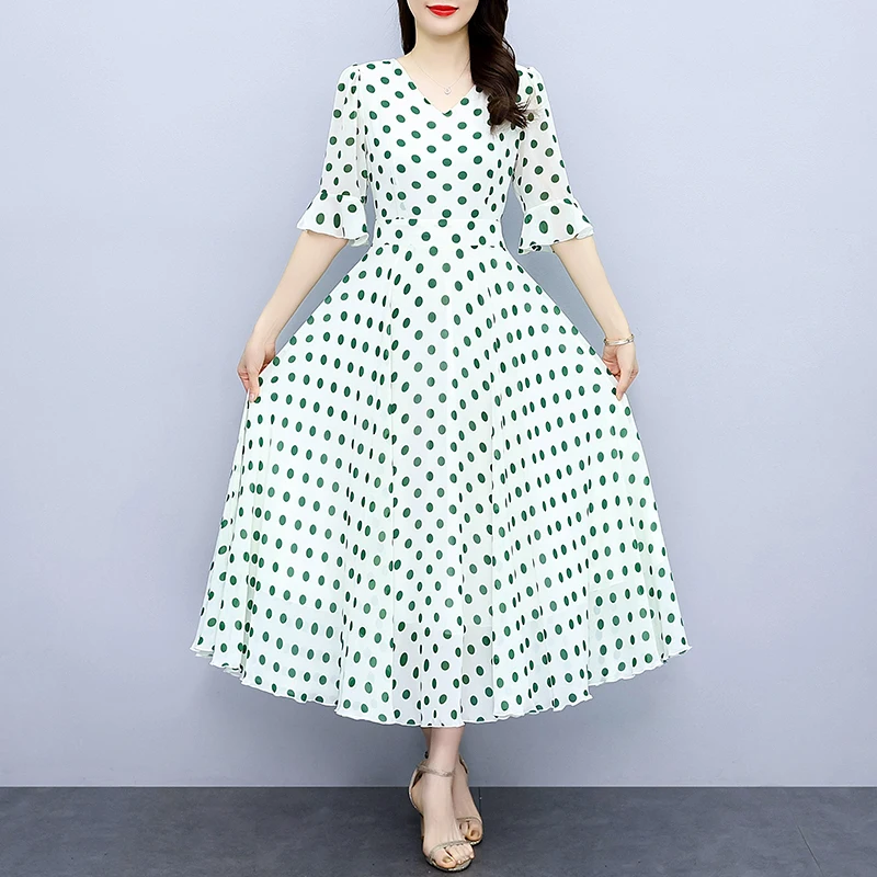 2024 Lente Zomer Vintage Avond Lange Jurk Nieuwe Groene Polka Dot Boho Strandjurk Vrouwen Casual Party Bodycon Chic Prom Vestidos