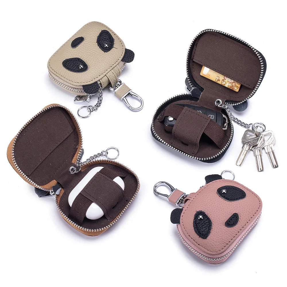 Earbud Carrying Case Small Key Wallets with Hanging Buckle Genuine Leather Portable Earphone Case Protective with Keychain