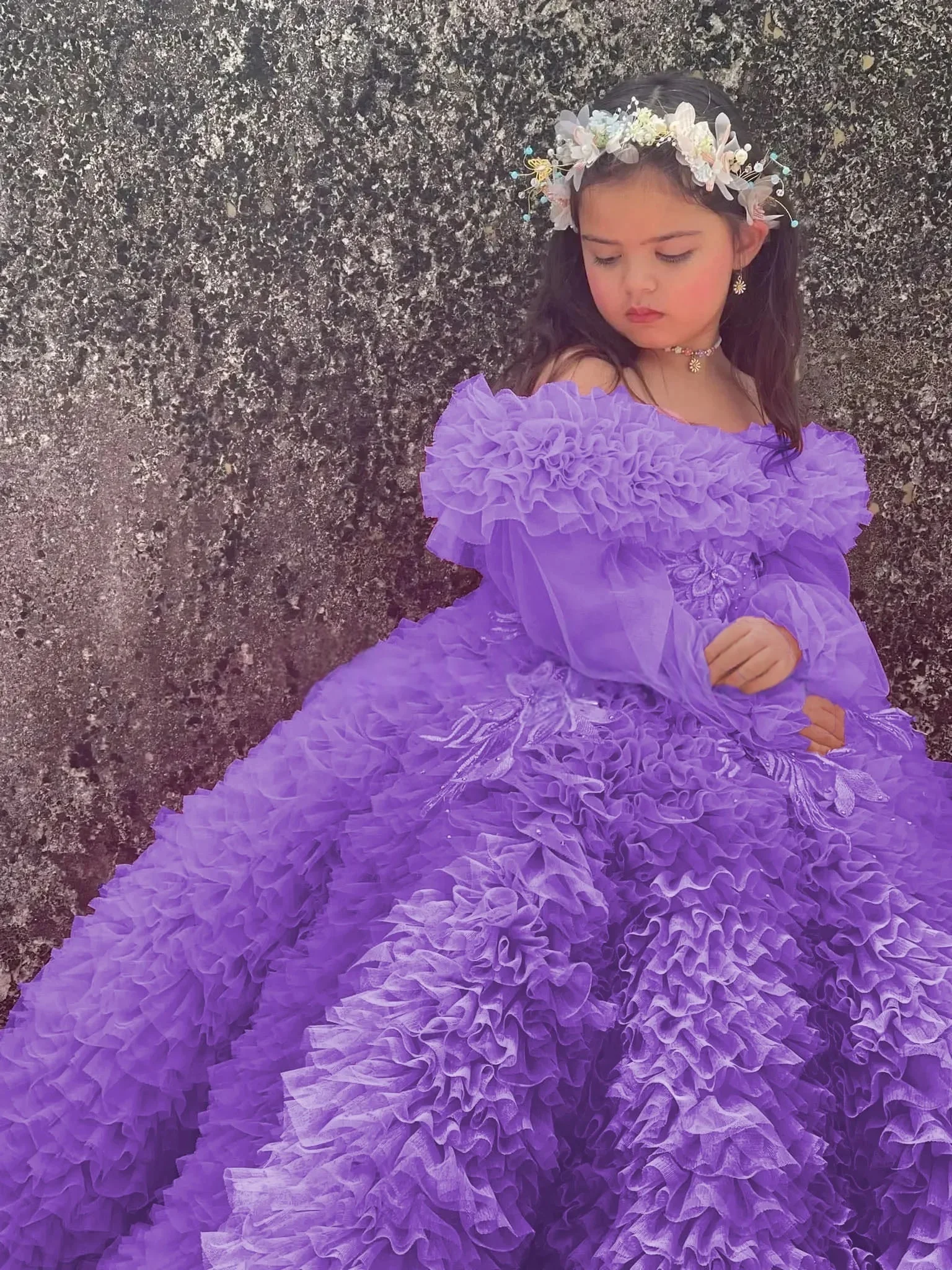 Felroze bloemenmeisjesjurk met ruches tule off-shoulder baljurk trouwjurk eerste kerstfeest luxe avondjurk voor meisjes