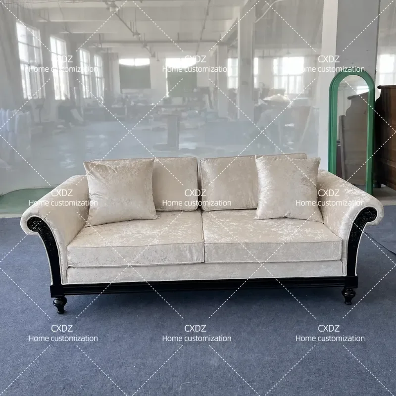 Solid Wood Carved Floral Fabric Flannel 3 Seater Sofa Beige Simple Light Luxury Style for Living Room Small Apartment Custom