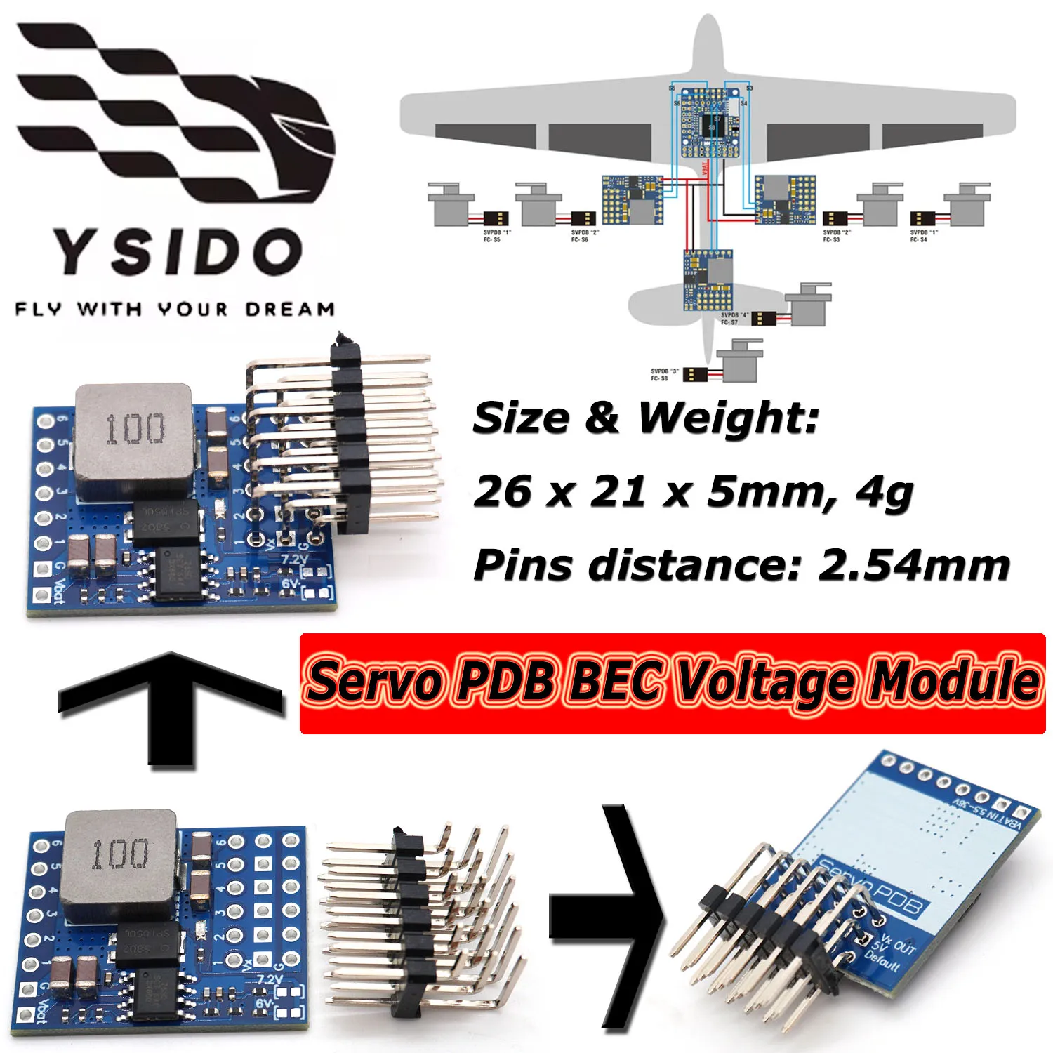 

Y​SIDO SERVO BEC 5.5-36V to 5V/6V/7.2V/8.2V Voltage Module with Right Angle Double Row Pin Header for FPV Drone Fixed-Wing Parts