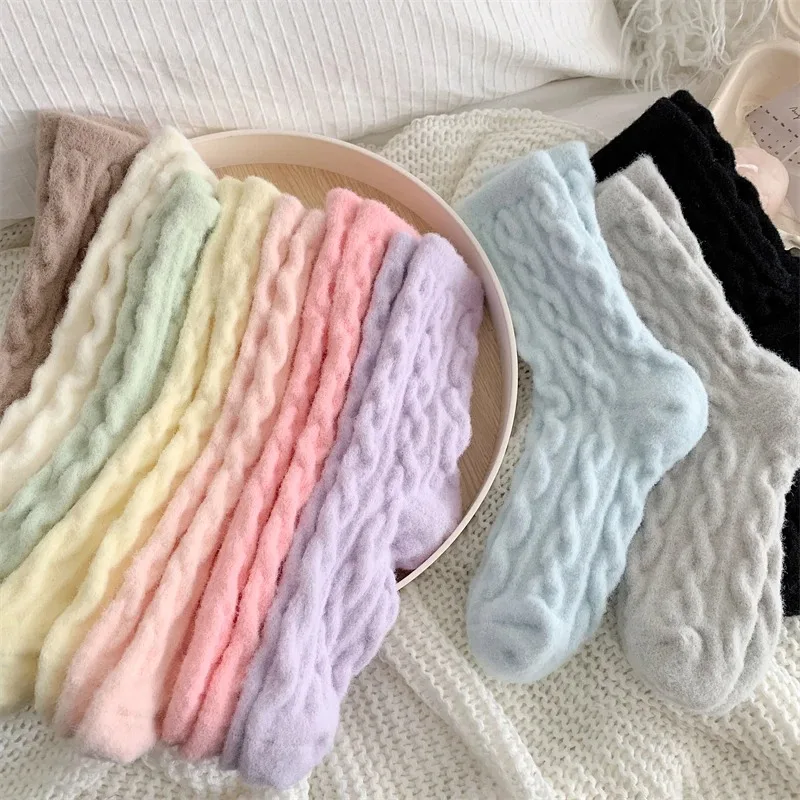 Warm Women's Socks New Winter Japanese Fashion Solid Color Fluffy Socks For Girls Home Thick Cute Floor Socks Kawaii Autumn Soft view 3