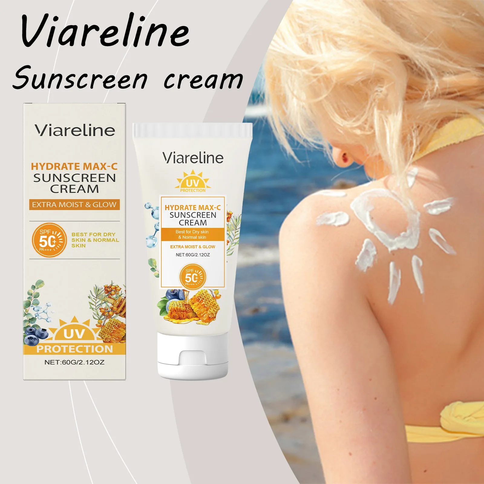 

Viareline Sunscreen Cream Summer Moistiurizing Repiar Sunburn Skin Prevent UV Glowing Skin Tone Smoothing Sunscreen Cream