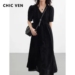 CHIC VEN abiti da donna stile francese Vintage scollo a v manica a sbuffo abito lungo solido nero sciolto abbigliamento femminile estate nuovo 2023