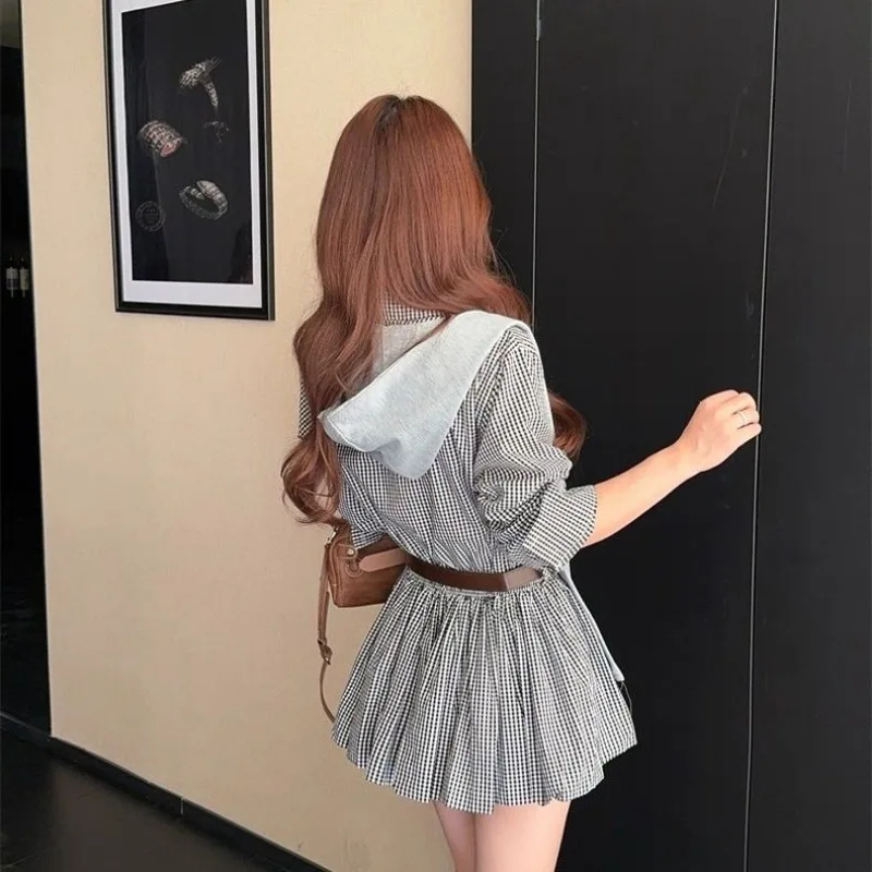 الكورية نمط شال منقوشة قميص اللباس المرأة أوائل الخريف تصميم جديد سليم مطوي تنورة #5